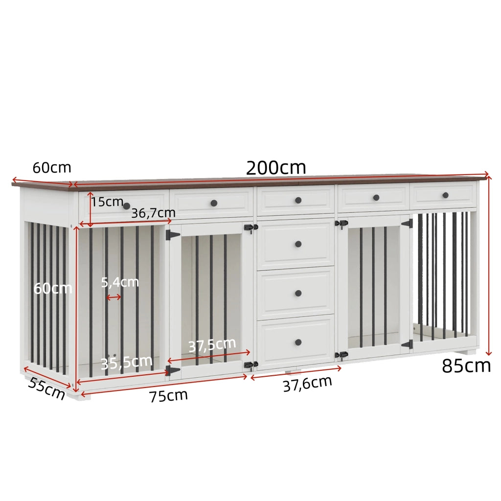 Scaffale per due cani da interno con 8 cassetti e chiusure di sicurezza in MDF e metallo bianco 200 × 60 × 85 cm
