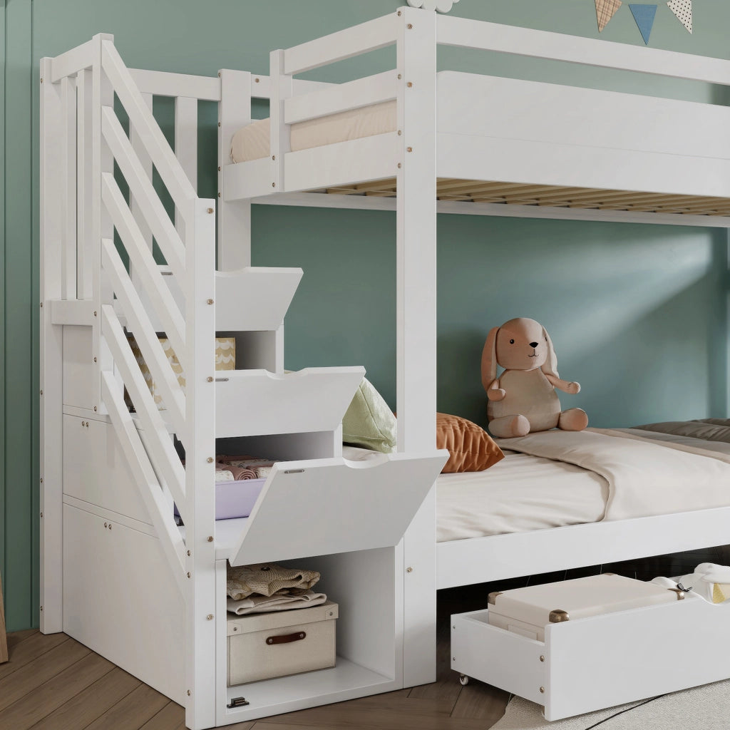 Letto a Castello 90x200 cm - Scivolo; Scaffale e 2 Cassetti - in Legno e MDF - Bianco