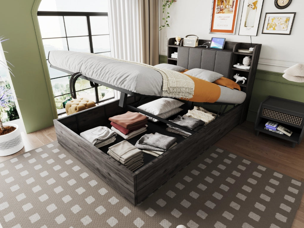 DESMIU Letto contenitore 140 × 200 cm 2 posti con USB, Type-C, ripiani testiera, senza materasso, grigio