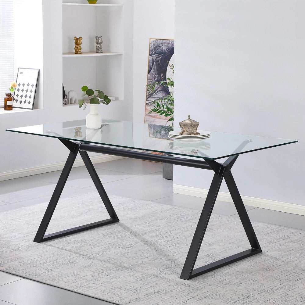 Tavolo da Pranzo Skylar 150×90 cm in Vetro Temperato con Gambe a Cavalletto Nere