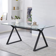 Tavolo da Pranzo Skylar 150×90 cm in Vetro Temperato con Gambe a Cavalletto Nere
