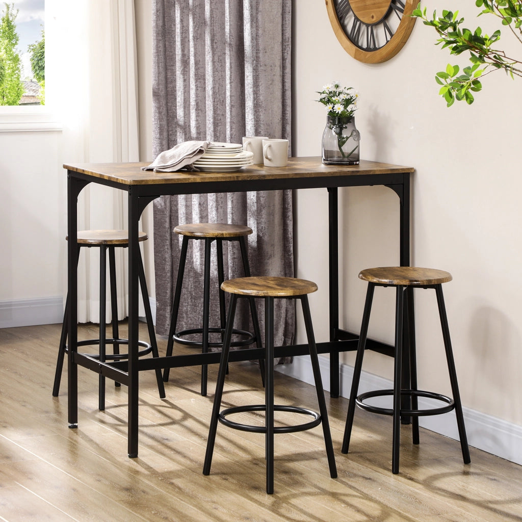 Set tavolo bar con 4 sgabelli in MDF marrone e metallo nero 110x50x89,5 cm stile industriale