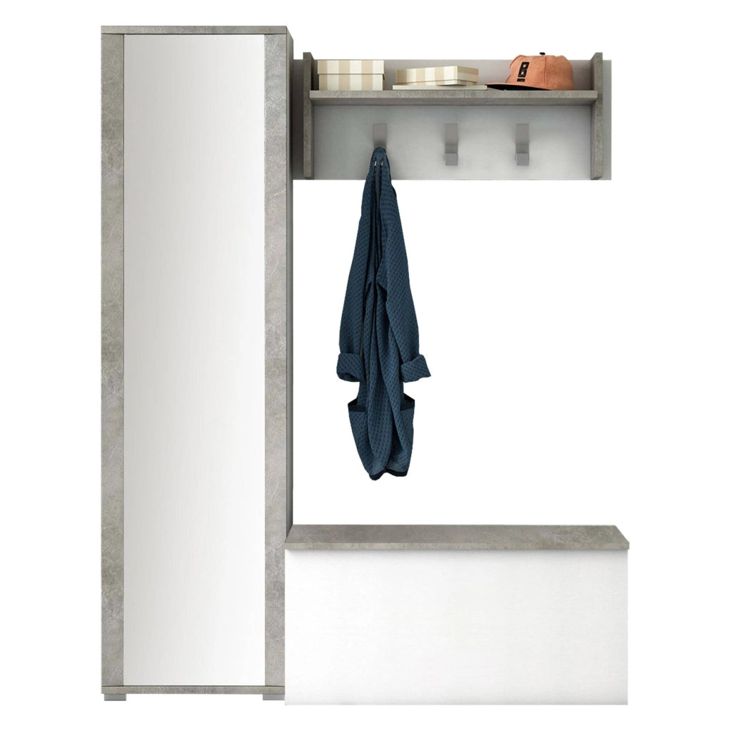 Mobile da ingresso Tanzanite, Entratina moderna con appendiabiti, Mobile con scarpiera, Armadietto con specchio, Cm 50x32h182, Bianco e Cemento