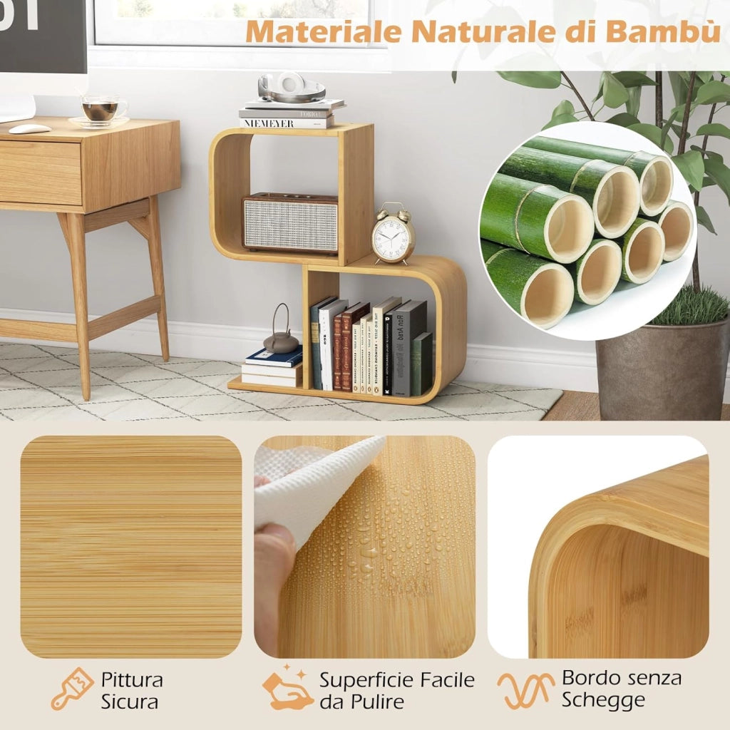 Libreria a 2 Cubi Forma di S, Libreria Bassa Scaffale in Bamboo, Libreria Design Moderna Salvaspazio Piccola da Terra, per Soggiorno, Studio e Ufficio, 61 x 23 x 66,5 cm, Naturale (2 Livelli)