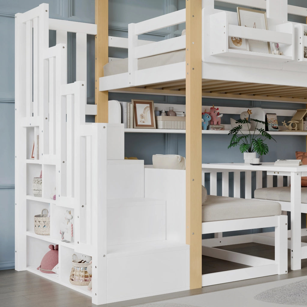 Letto a castello per bambini 90x200 cm con tavolo pieghevole e scala contenitore