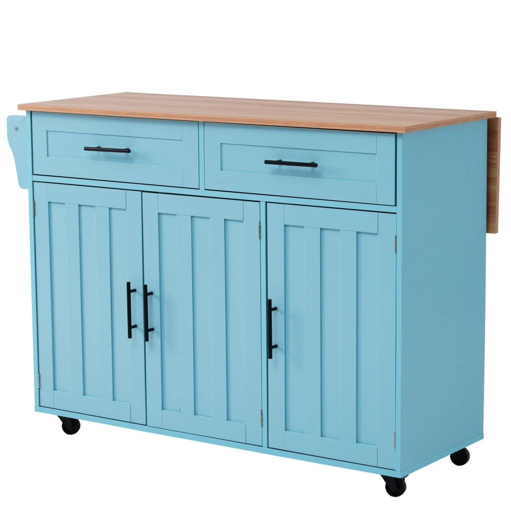 Isola da Cucina Mobile 129x46/71x91,5 cm Azzurra e Legno con Piano Ribaltabile, 2 Cassetti e 5 Ruote