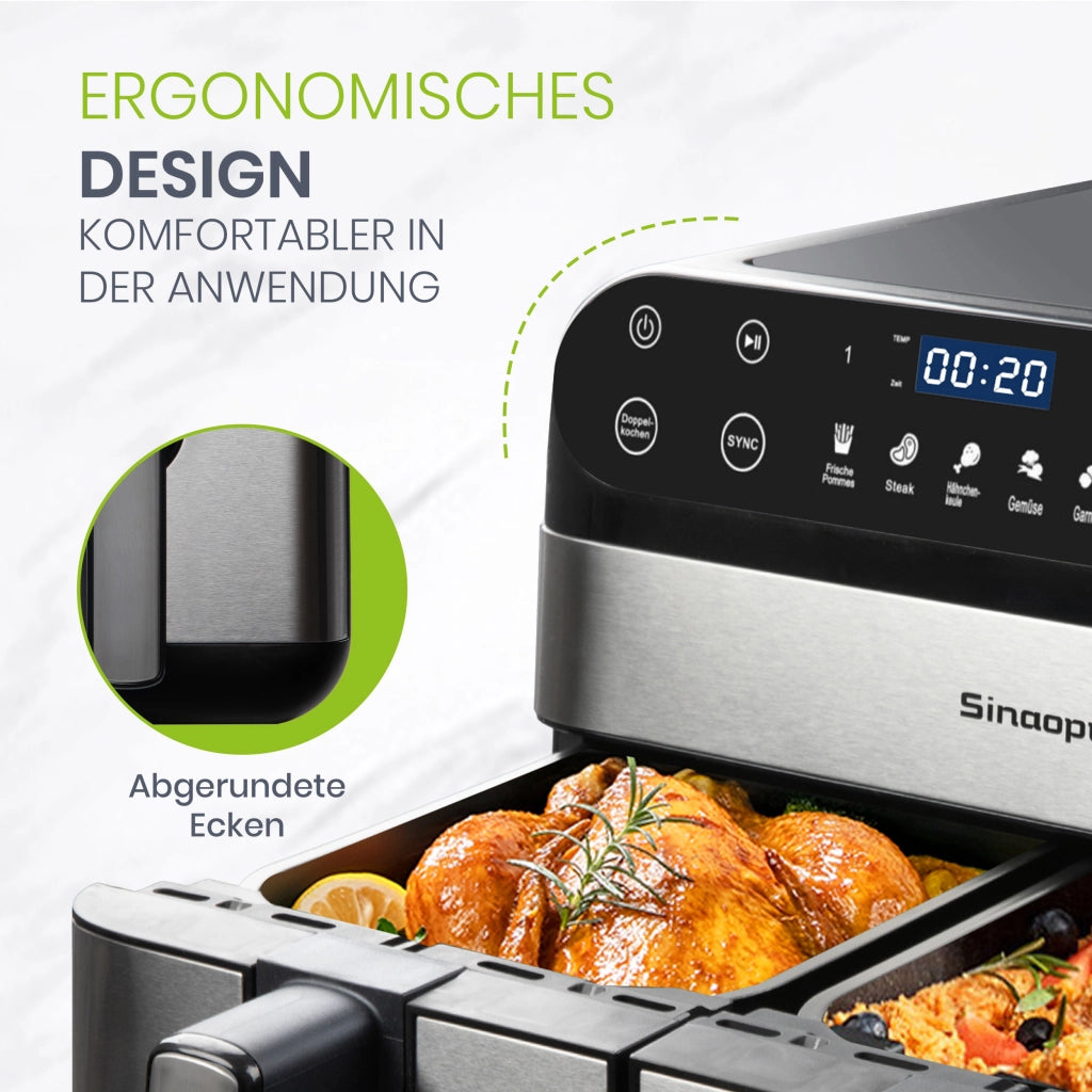 Friggitrice ad aria XXL da 10 litri con doppia zona, ideale per famiglie, con display touchscreen a LED, tempo e temperatura regolabili e 8 funzioni d