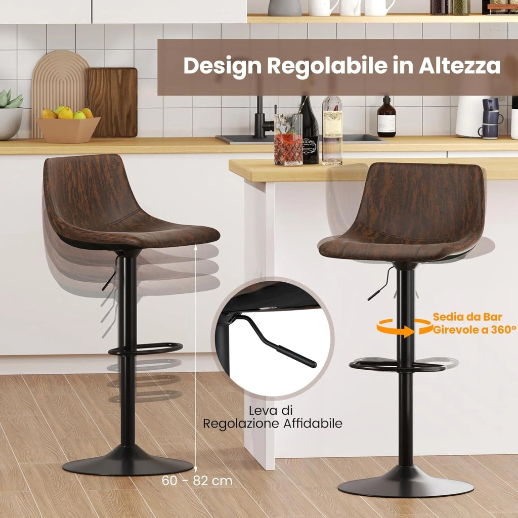 Set di 2 Sgabelli da Bar Moderno, Regolabile e Girevole a 360°, Sgabelli da Cucina con Schienale e Poggiapiedi, Sgabello Struttura in Metallo Stile Vintage da Casa, Marrone Rustico