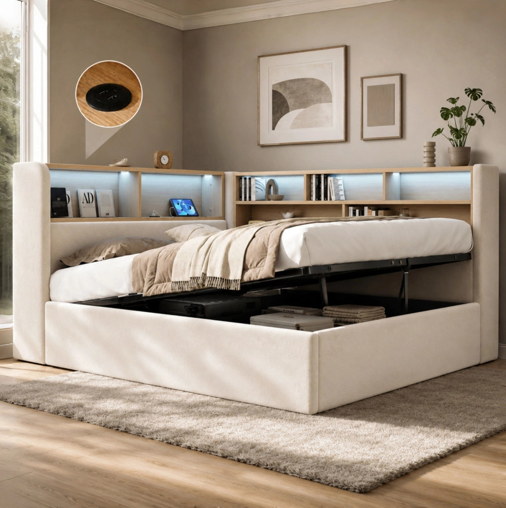 Letto imbottito con contenitore idraulico LED e USB-C, beige