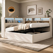 Letto imbottito con contenitore idraulico LED e USB-C, beige