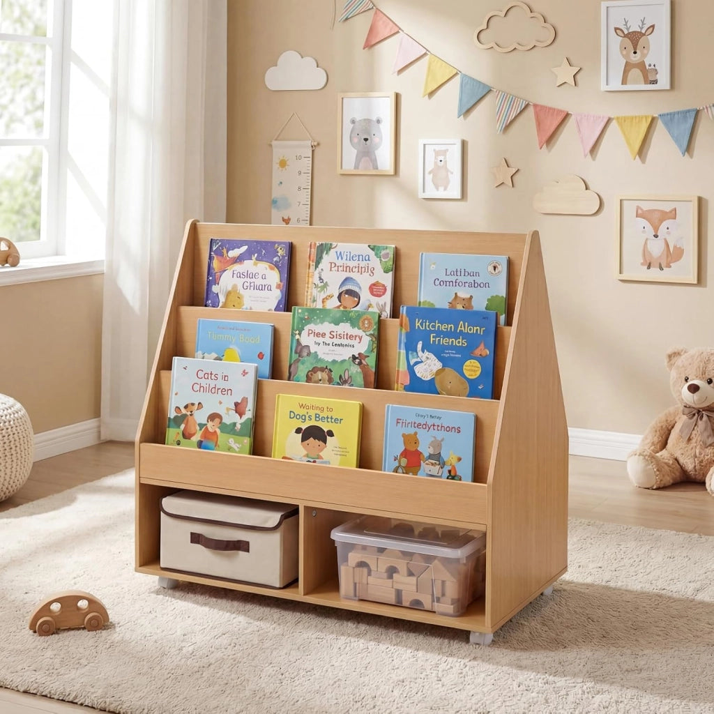Libreria Montessoriana per Bambini, Scaffale per Giocattoli in Legno con Lavagna e 5 Ruote, Libreria a 3 Ripiani e Scomparti, per Cameretta e Asilo Nido, 90 x 45,5 x 87 cm (Naturale)