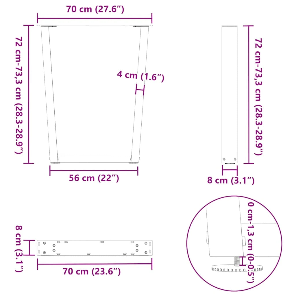 Set di 2 gambe regolabili per tavolo da pranzo a forma di V 70 x 72-73 cm stile moderno con guide in acciaio nero 02_0056931