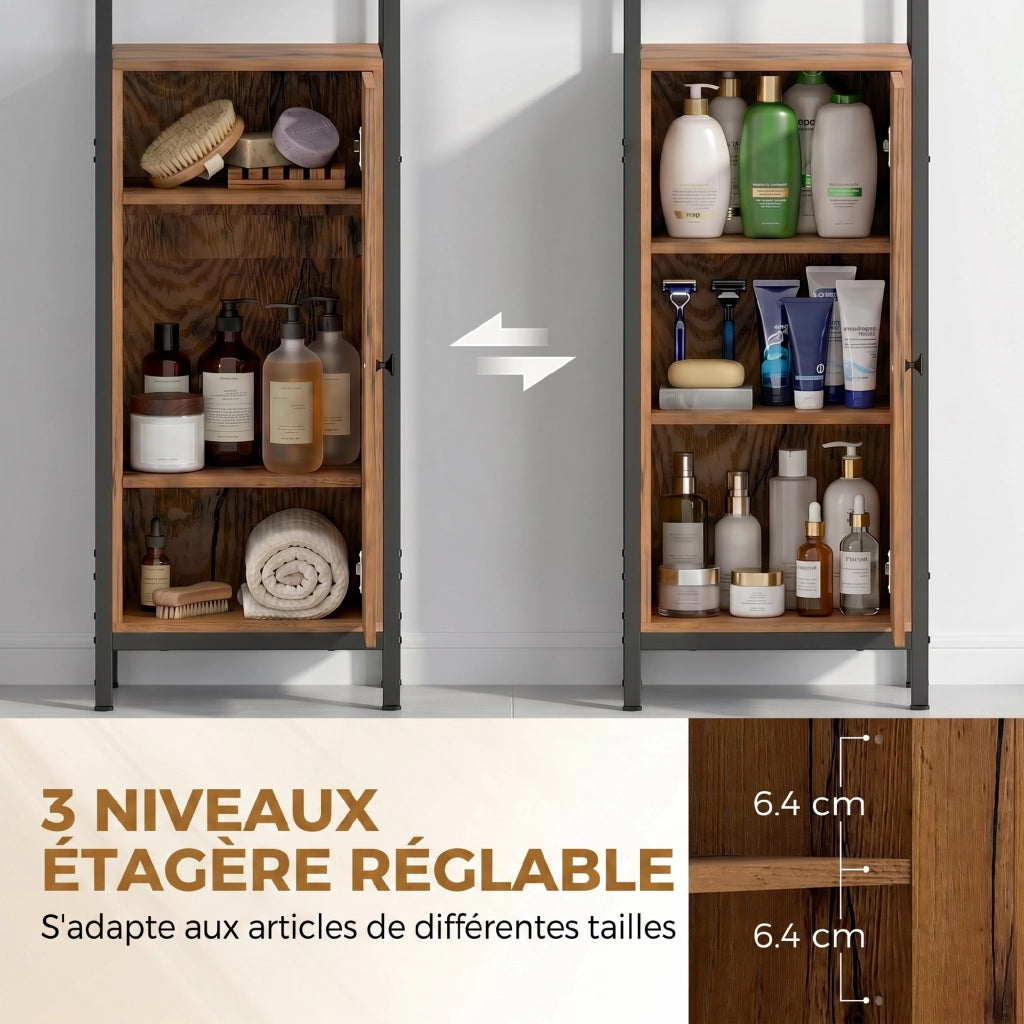 Colonna bagno industriale 3 ripiani aperti anta a lamelle regolabili ¨C Xylo ¨C marrone rustico