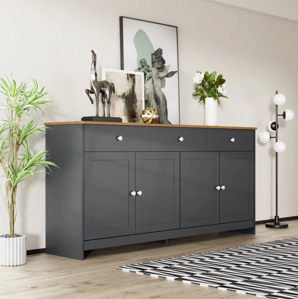 Sideboard 160x37x75 cm con 3 cassetti; 4 ante e ripiani regolabili; MDF nero e grigio