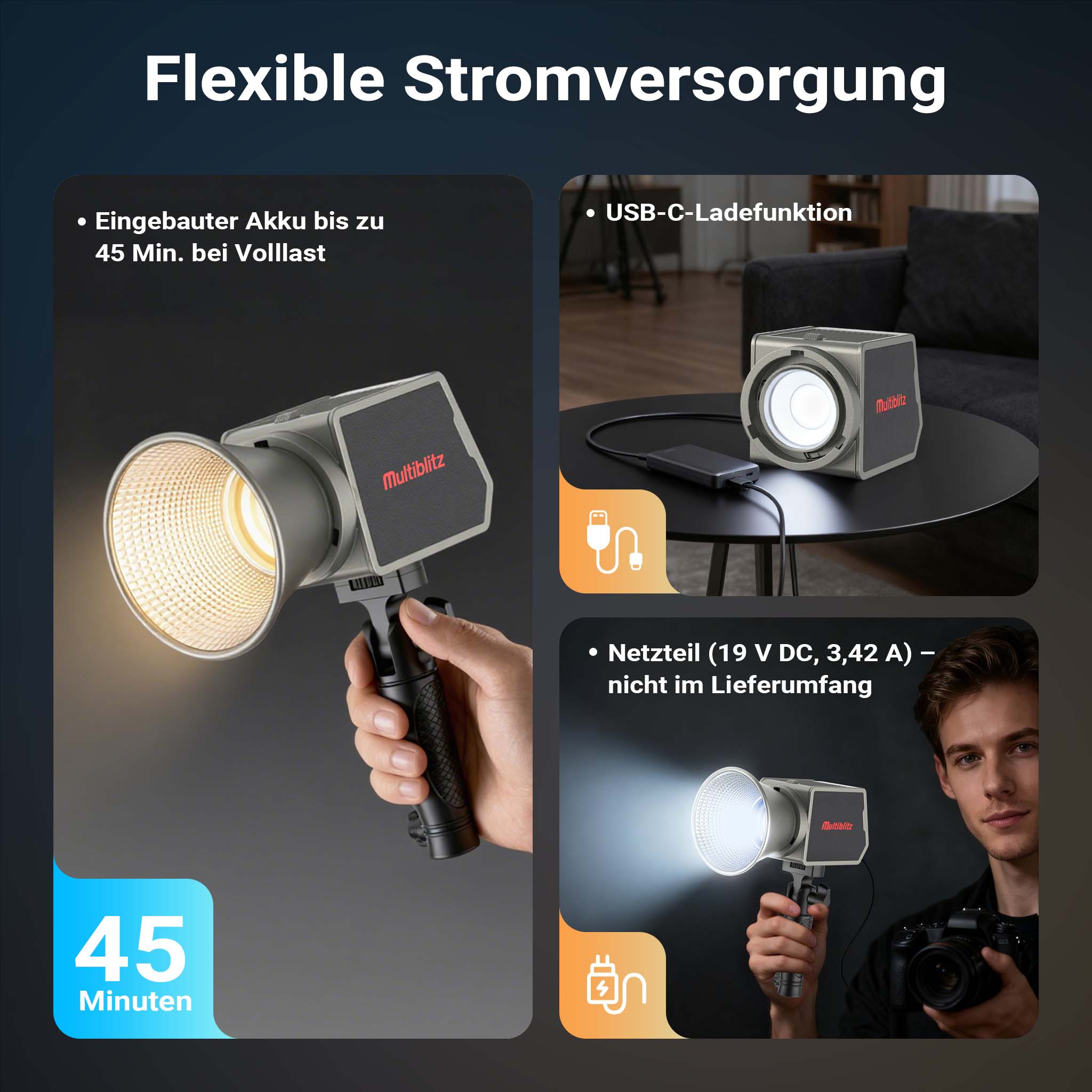 Multiblitz MB-PL Luce led portatile per fotografia 60W, Bicolore con temperatura da 2700K a 6500K, Batteria ricaricabile USB