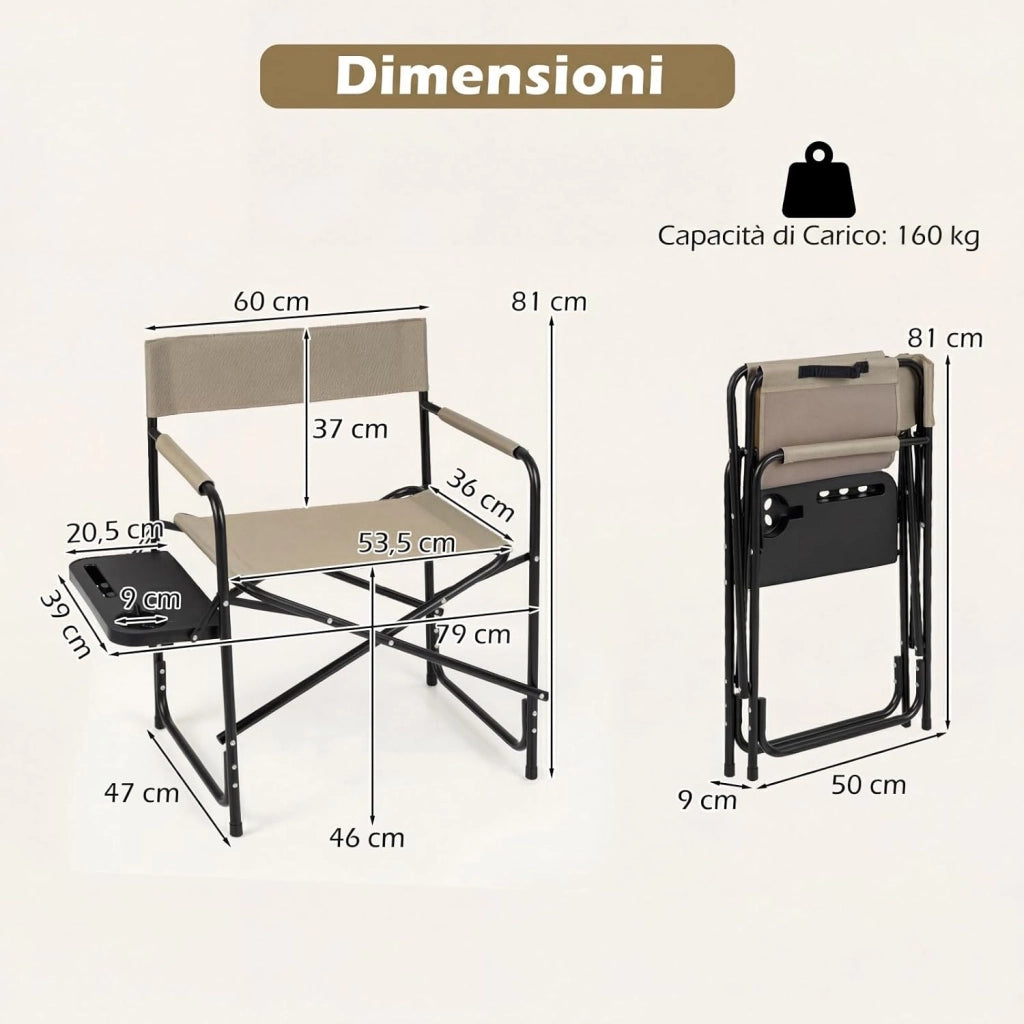 Sedia da Regista Campeggio Pieghevole, con Portabicchieri | Poltrona Ergonomica Salvaspazio, Struttura in Metallo, Terrazzo Giardino Campeggio Mare Spiaggia, Portata 160 kg