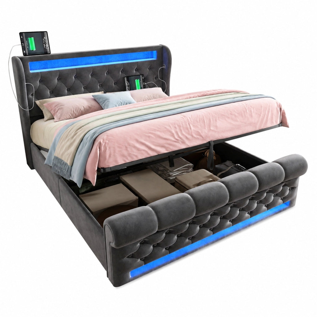 Letto matrimoniale imbottito 160x200 cm in velluto grigio con LED; USB e contenitore idraulico