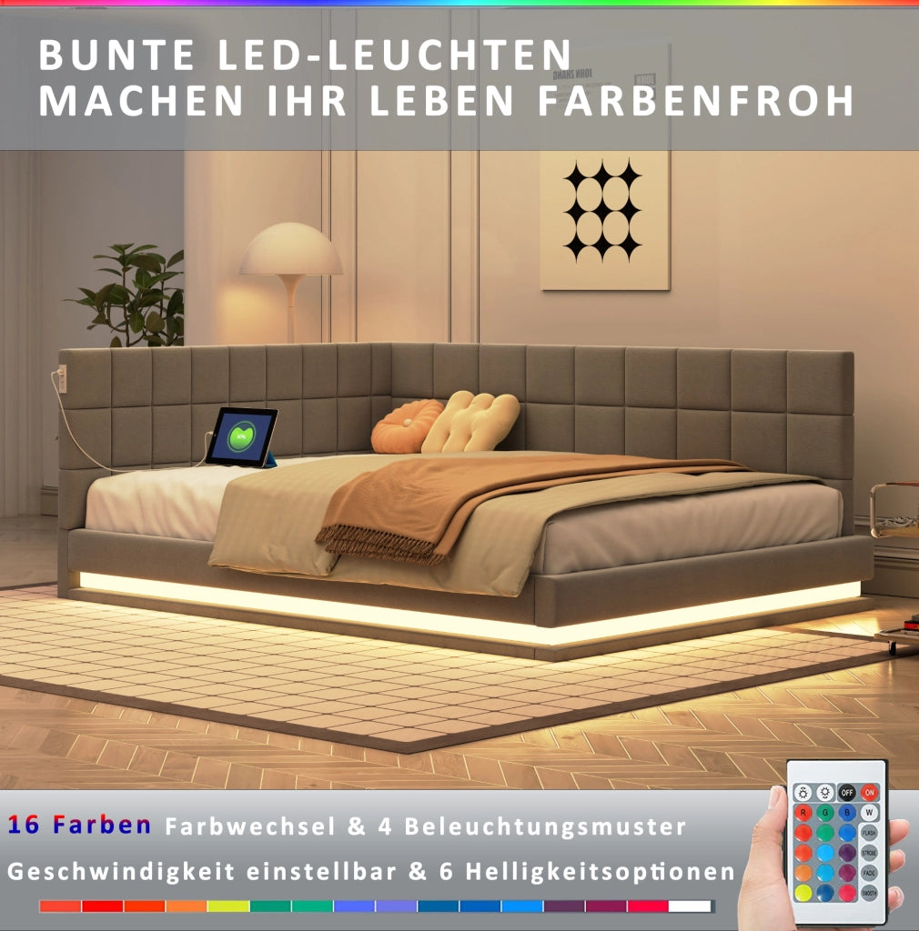 Divano letto imbottito 140x200 cm grigio con LED e USB