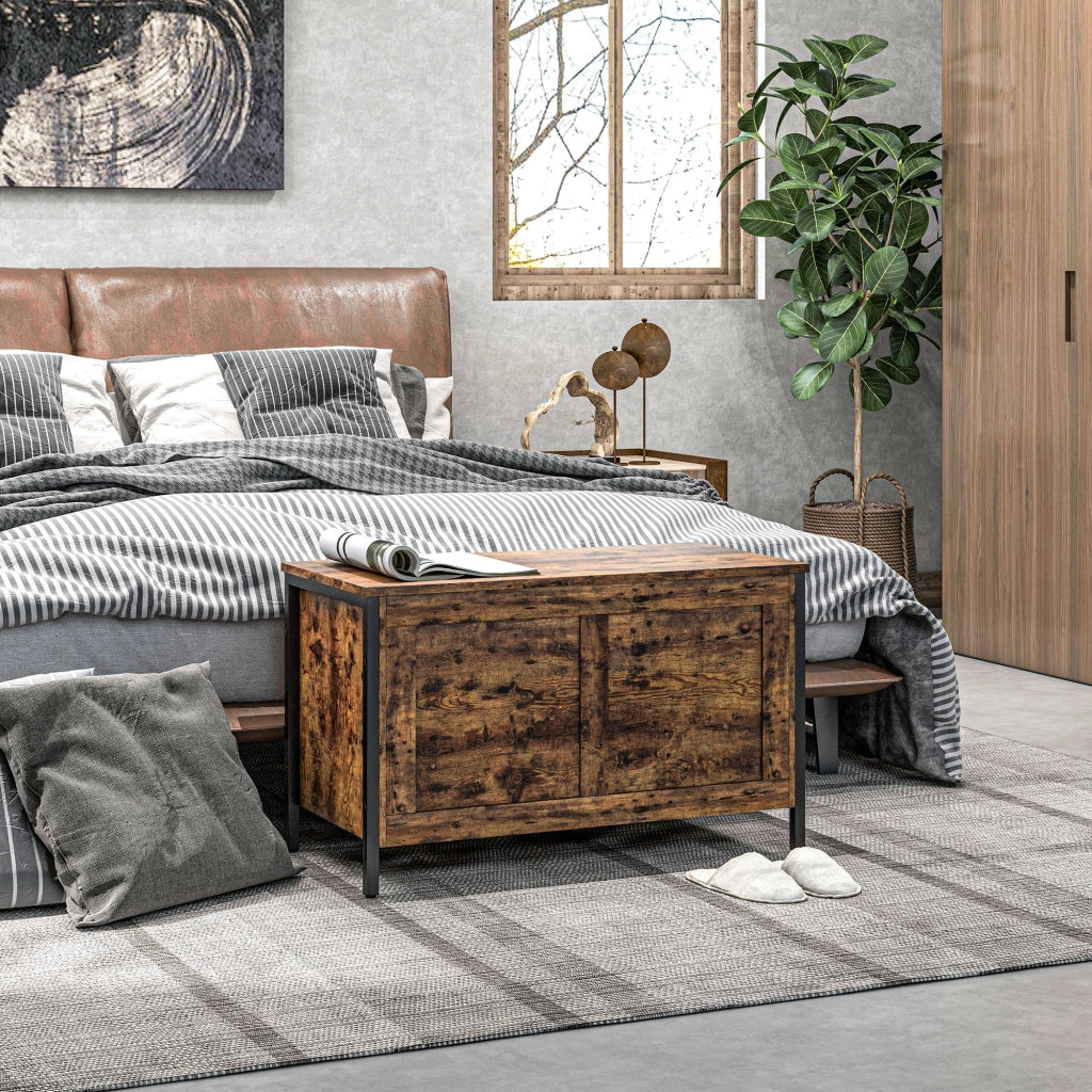 Cassapanca in Legno Stile Industriale 80x40x49cm Contenitore 95L Marrone