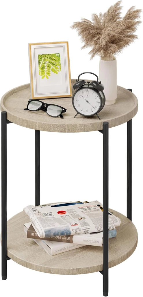 WOLTU Tavolino da Salotto Rotondo, Tavolino da caffè con 2 Ripiani, Piano d’Appoggio Rimovibile, Comodino per Camera da Letto, Tavolinoda Divano, in Metallo e MDF, Rovere Chiaro e Nero, BTS06hei