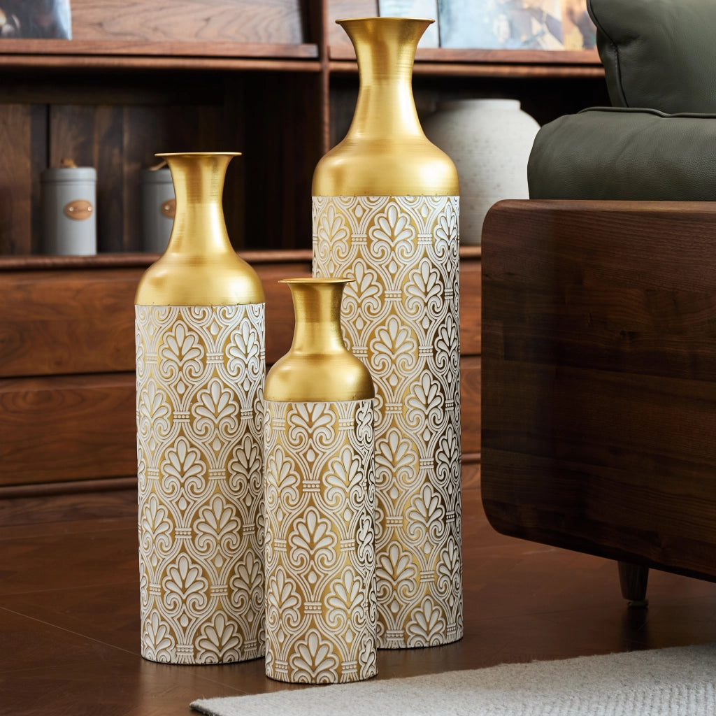 VASO DA TERRA Set da 3 pezzi 50/66/83 cm Metallo Oro/Bianco