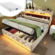 Letto matrimoniale 160x200 cm con contenitore; LED; ricarica USB e Type-C; in lino beige; con materasso