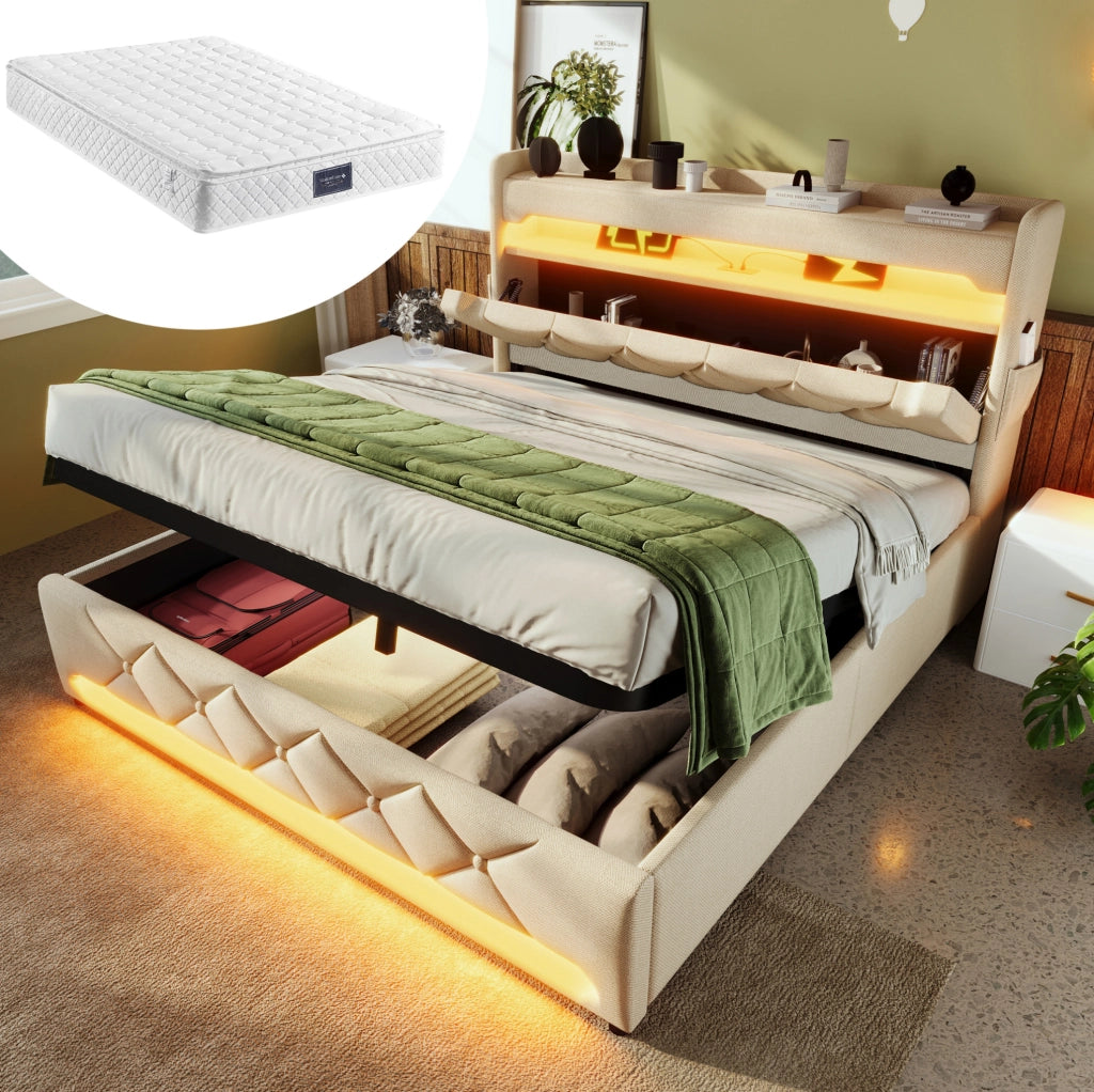 Letto matrimoniale 160x200 cm con contenitore; LED; ricarica USB e Type-C; in lino beige; con materasso
