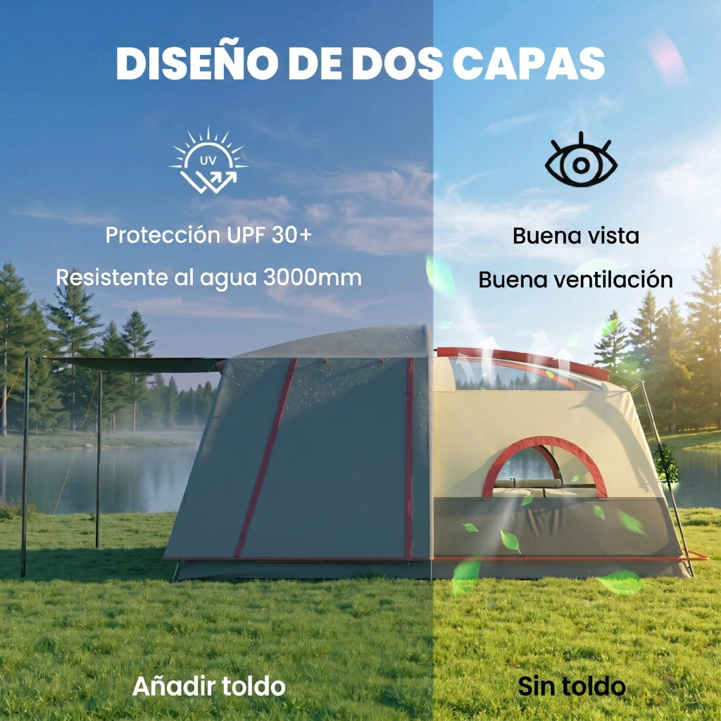 Tenda da Campeggio 4 Persone 2 Camere Soggiorno Impermeabile ¨C zephmum ¨C 430x305 cm Rosso