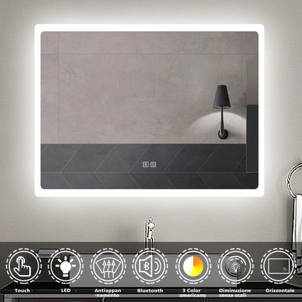 Aica Specchio da bagno a LED con Bluetooth 80 x 60 cm + 3 colori di luce regolabili + tasti a sfioramento
