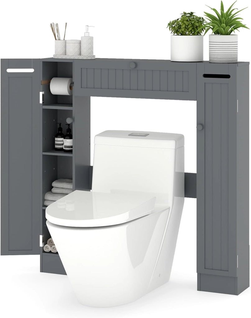 Mobile Sopra WC, Mobile per Bagno con Ripiani Regolabili Portarotolo per Carta Igienica e Anta Ribaltabile, Ideale per Bagno Lavanderia, 89x19,5x99 cm (Bianco)