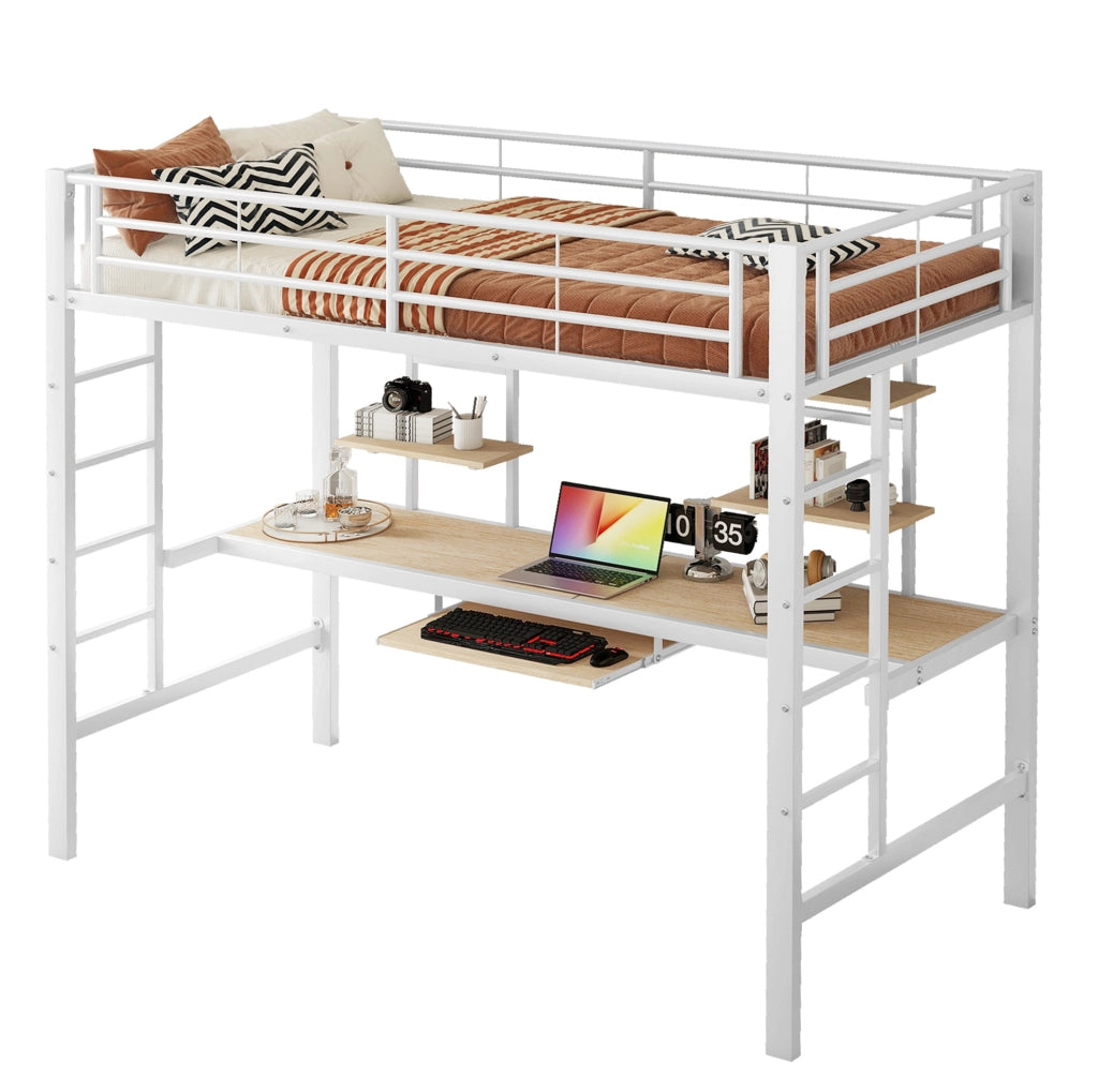 Letto a castello 90x200 con scrivania, scaffali e scala, bianco