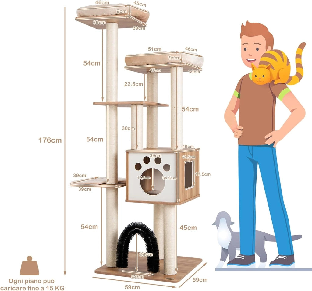 Albero Tiragraffi per Gatti 176 cm, Tiragraffi per Gatti con 2 Trespoli in Tessuto Felpato, Arco Massaggiante, Cuccia Spaziosa, Pali in Sisal e Tapettini Lavabili, Ideale per Gatti Grandi