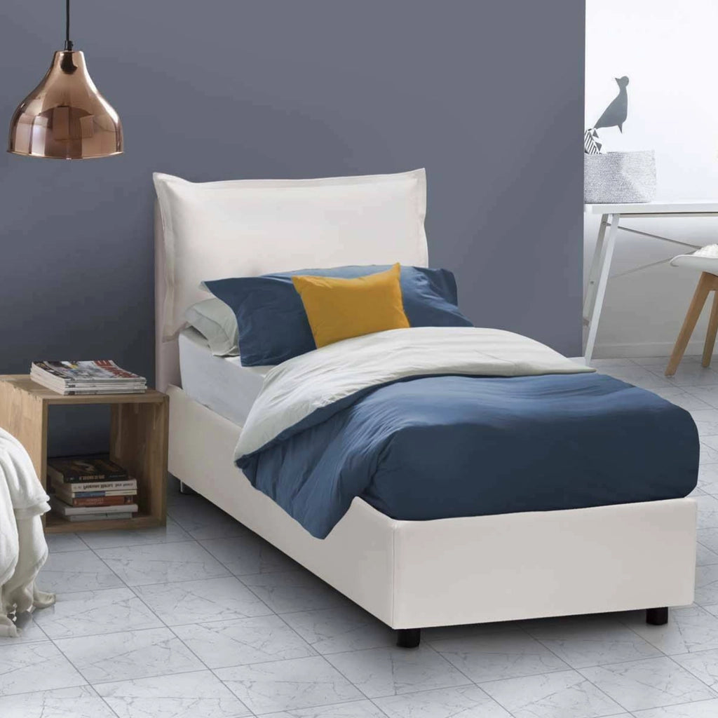 Letto singolo Janet, Letto contenitore con rivestimento in ecopelle, Made in Italy, Apertura frontale, con materasso cm 80x190 incluso, Bianco
