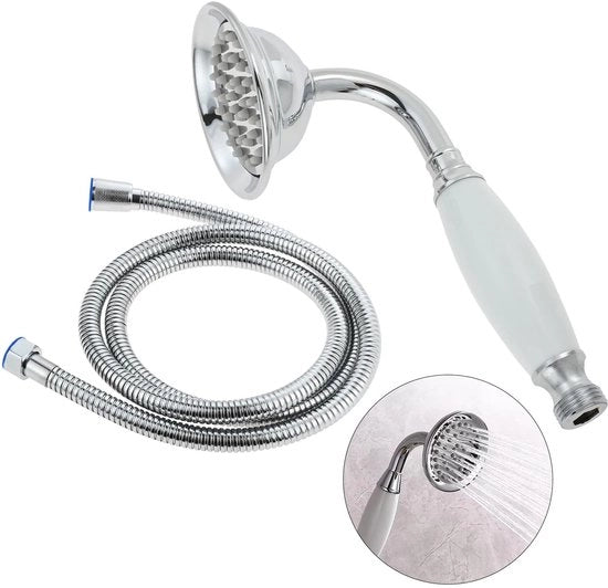 DRELD 2 pezzi di doccia retro, 1 x doccia a mano in acciaio inossidabile con 1 x tubo da 1,5 m, doccia retro nostalgica, doccia a mano in acciaio inossidabile (argento)