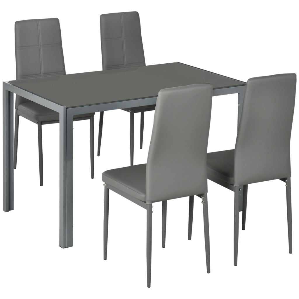EasyComfort Set da Pranzo 5 Pezzi con 1 Tavolo da Pranzo e 4 Sedie Moderne in Similpelle, Metallo e Vetro Temperato, Grigio
