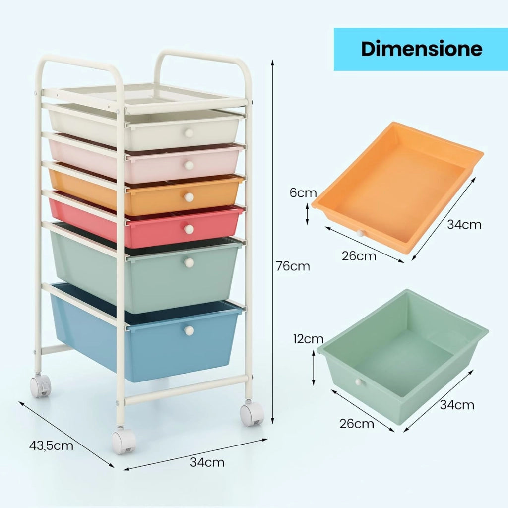Carrello con 6 Cassetti e Ruote, Cassettiera in Plastica, con Due Dimensioni di Cassetti, Contenitore Multiuso per Casa Bagno e Ufficio, 37 x 74 x 32cm (Morandi)