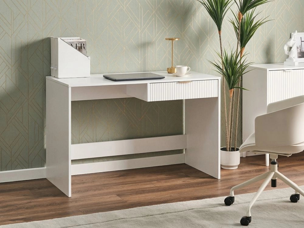 Scrivania da ufficio per casa in pannello truciolare bianco, 120 x 60 cm con 1 cassetto, gambe larghe, stile scandinavo