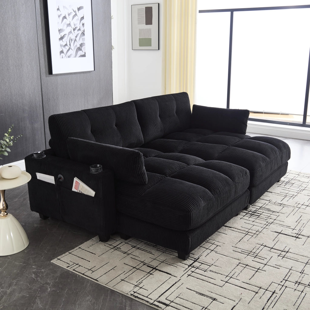 DIVANO 2 posti modulare 224x140x81 cm in corduroy nero con USB e cuscini