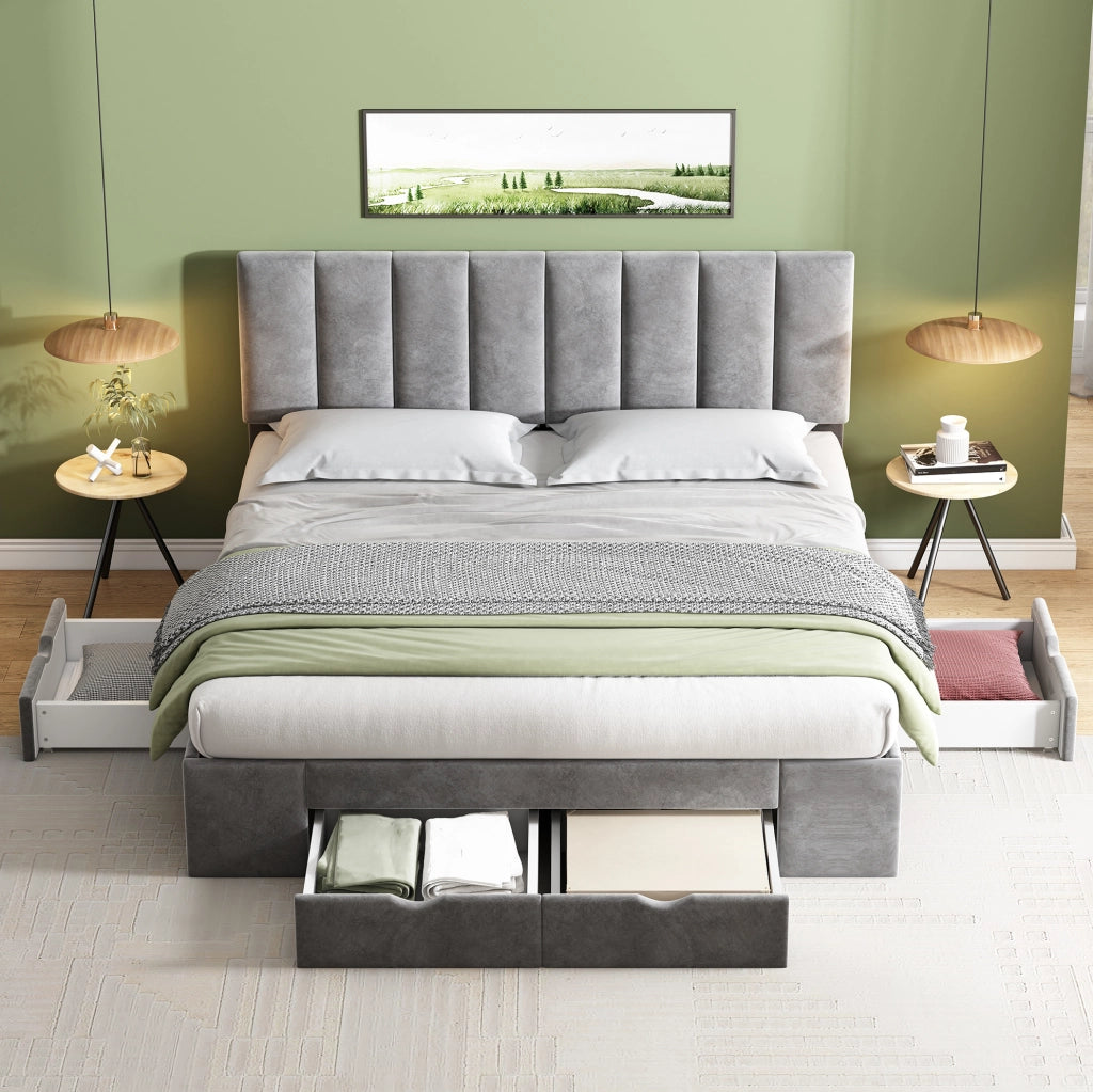 Letto imbottito 160x200 cm; testiera regolabile e 4 cassetti; velluto grigio (Senza materasso)