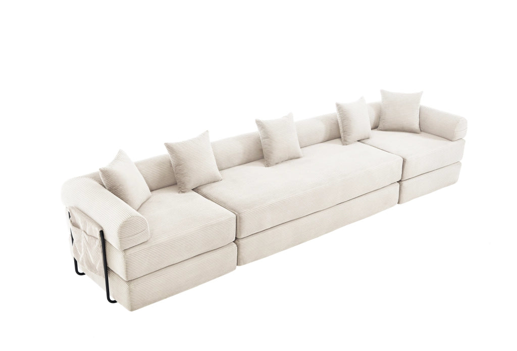 Divano modulare 270x180x64 cm con funzione letto e tasca laterale in corduroy beige