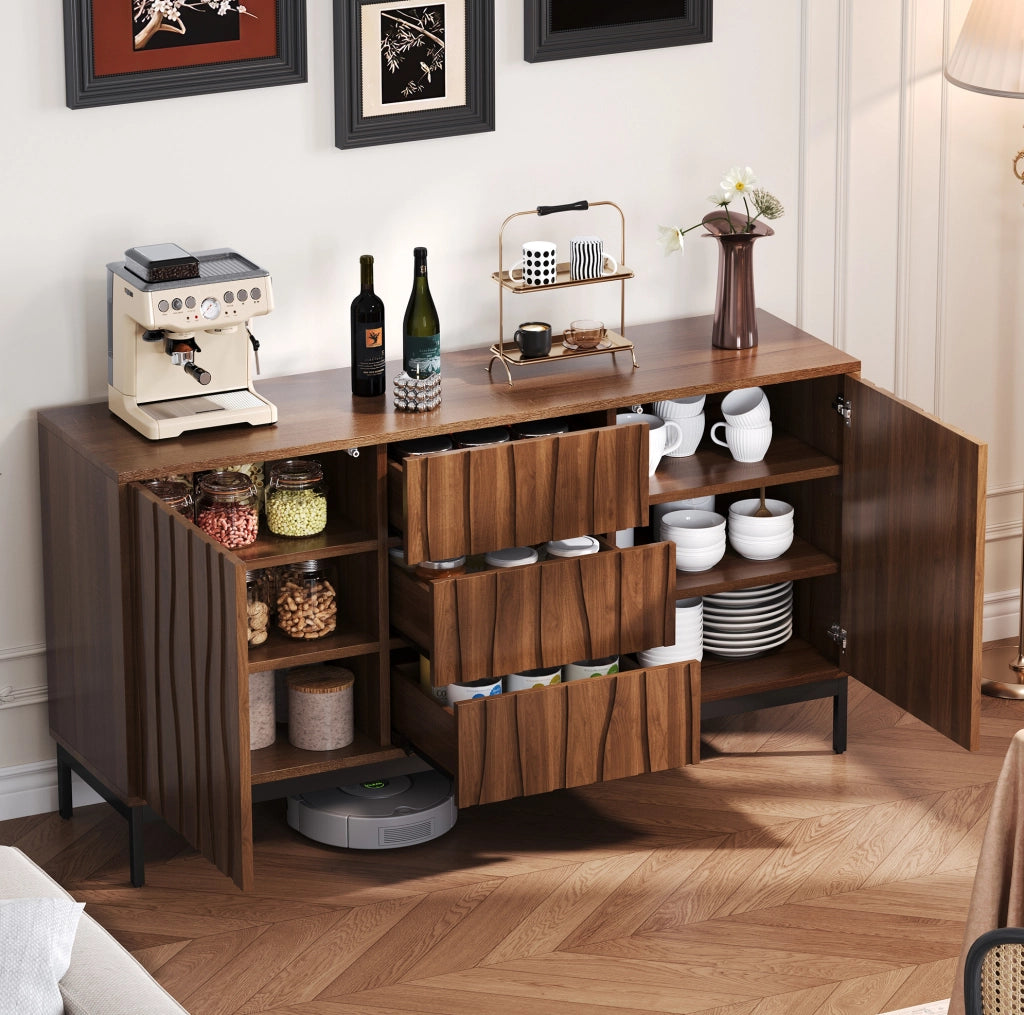 Credenza 150x40x80 cm con cassetti e ripiani regolabili; pannello MDF e truciolare marrone scuro