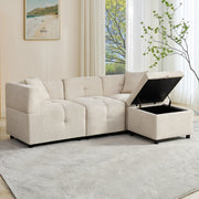 OKWISH Divano Angolare Reversibile 3 Posti, con Contenitore, Pouf Rimovibile e 2 Cuscini, Ciniglia Beige 204 × 126 × 69 cm