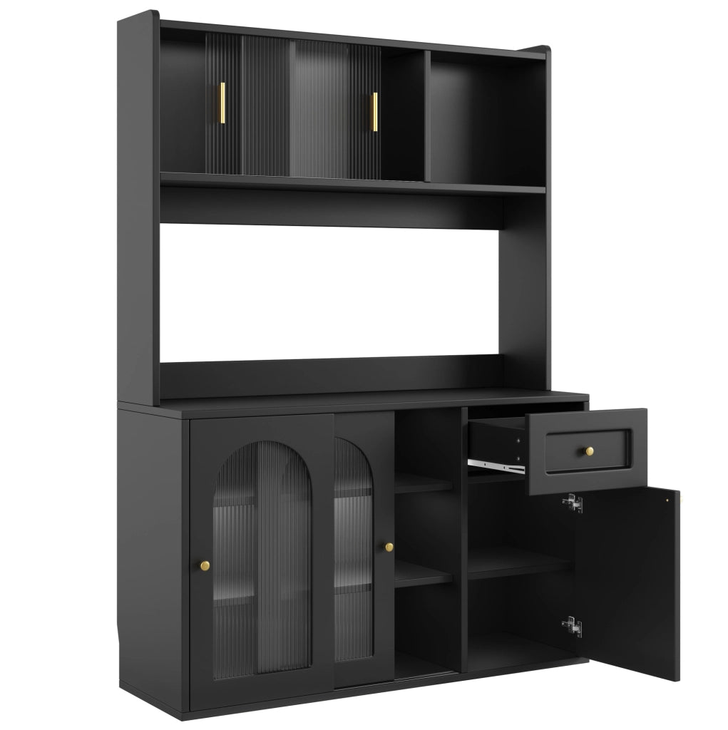 Credenza 120x35x167 cm con LED controllato da app; ripiani regolabili; vetro scorrevole; MDF e PB; nero