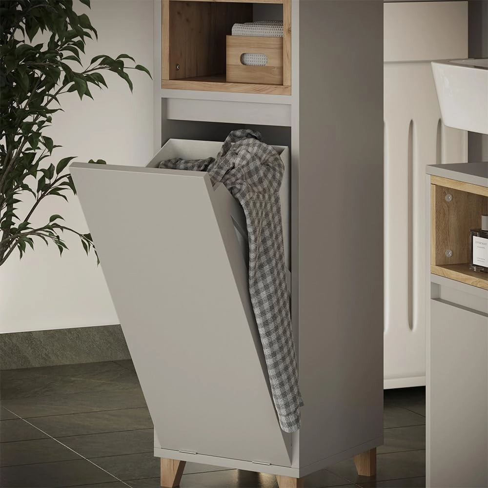 mobiletto bagno Elnor, Greige/Rovere, 30 x 105.2 cm con cesto portabiancheria pieghevole