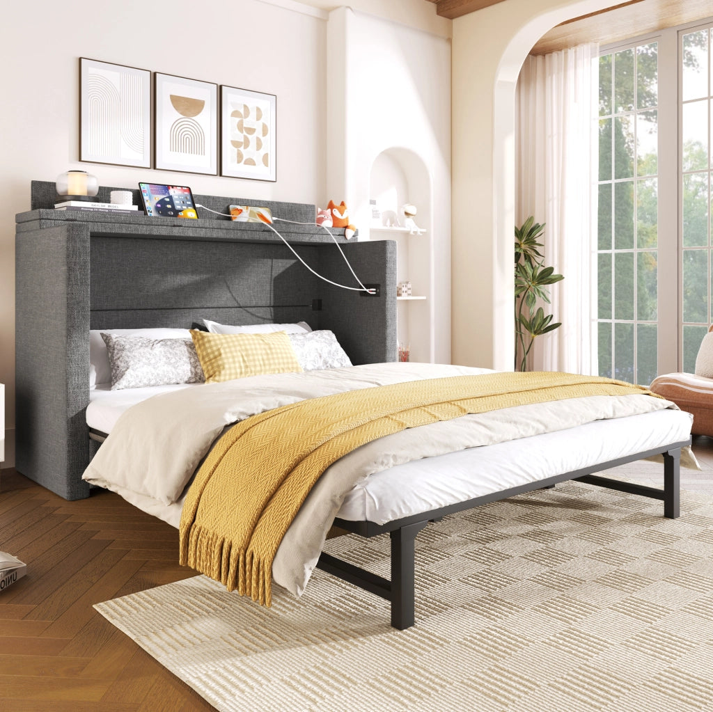 Letto a scomparsa 140x200 con porta USB e Type-C; cassetto e design salvaspazio in lino e MDF grigio