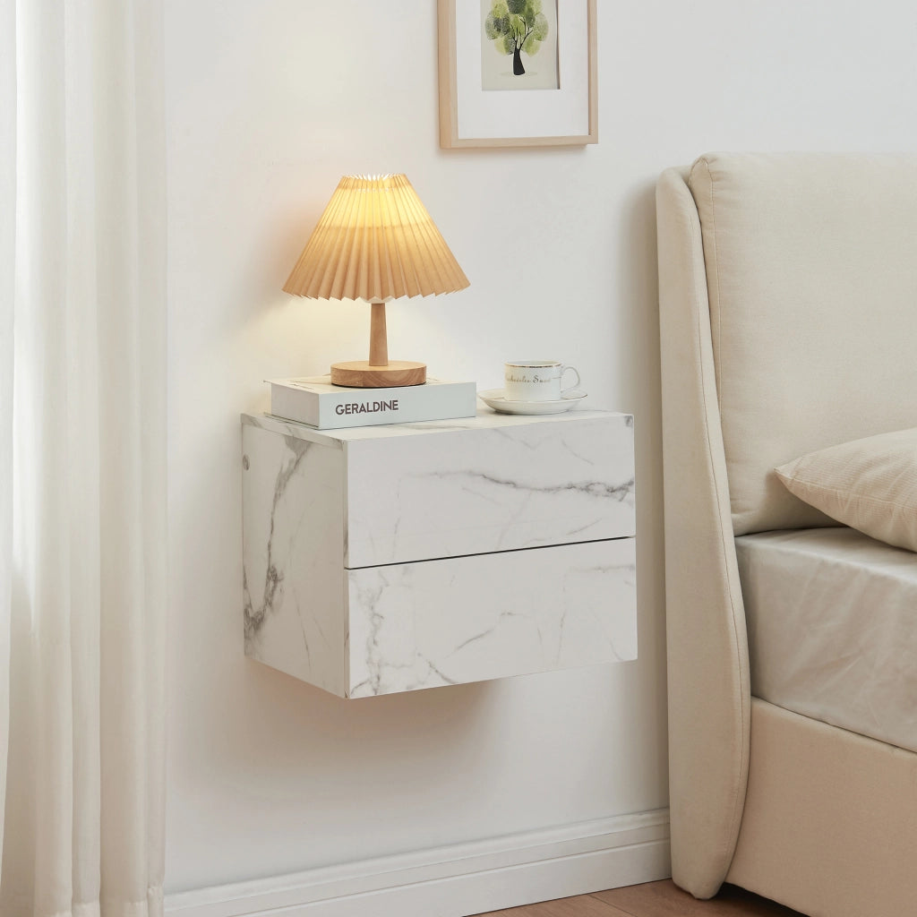 Comodino da Parete Ampfing con 2 Cassetti 40x29x30 cm Effetto Marmo Bianco [en.casa]
