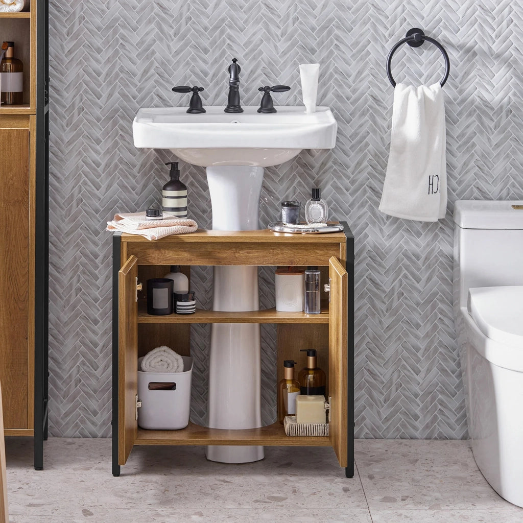 Mobiletto da Bagno Armadietto Sottolavabo da Bagno con 2 Ante a Terra in Legno BZR63-PF