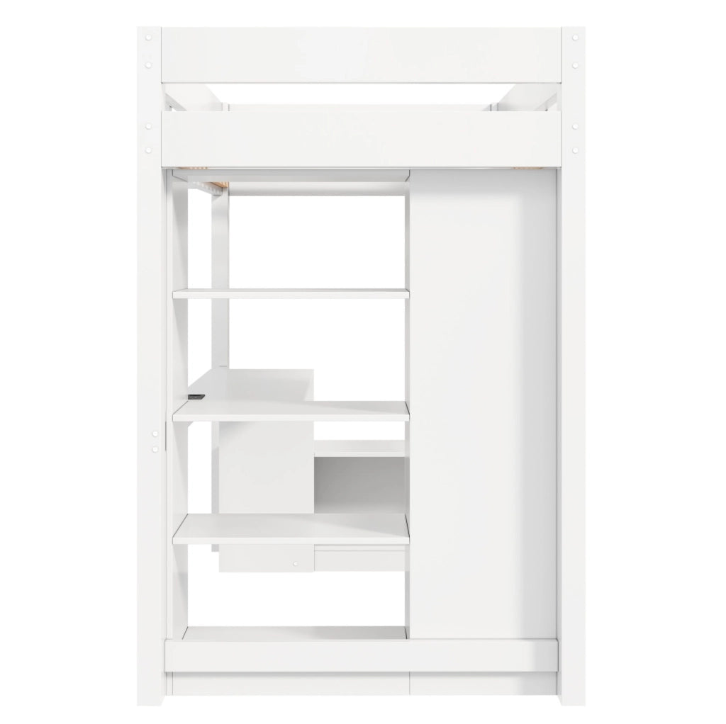 Letto a soppalco 90x200 cm con scrivania; armadio; ripiani e LED; bianco