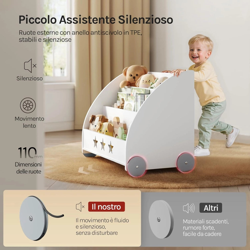 Libreria per bambini in legno, scaffale per giocattoli a 3 livelli, organizza libri con ruote cameretta, bianco