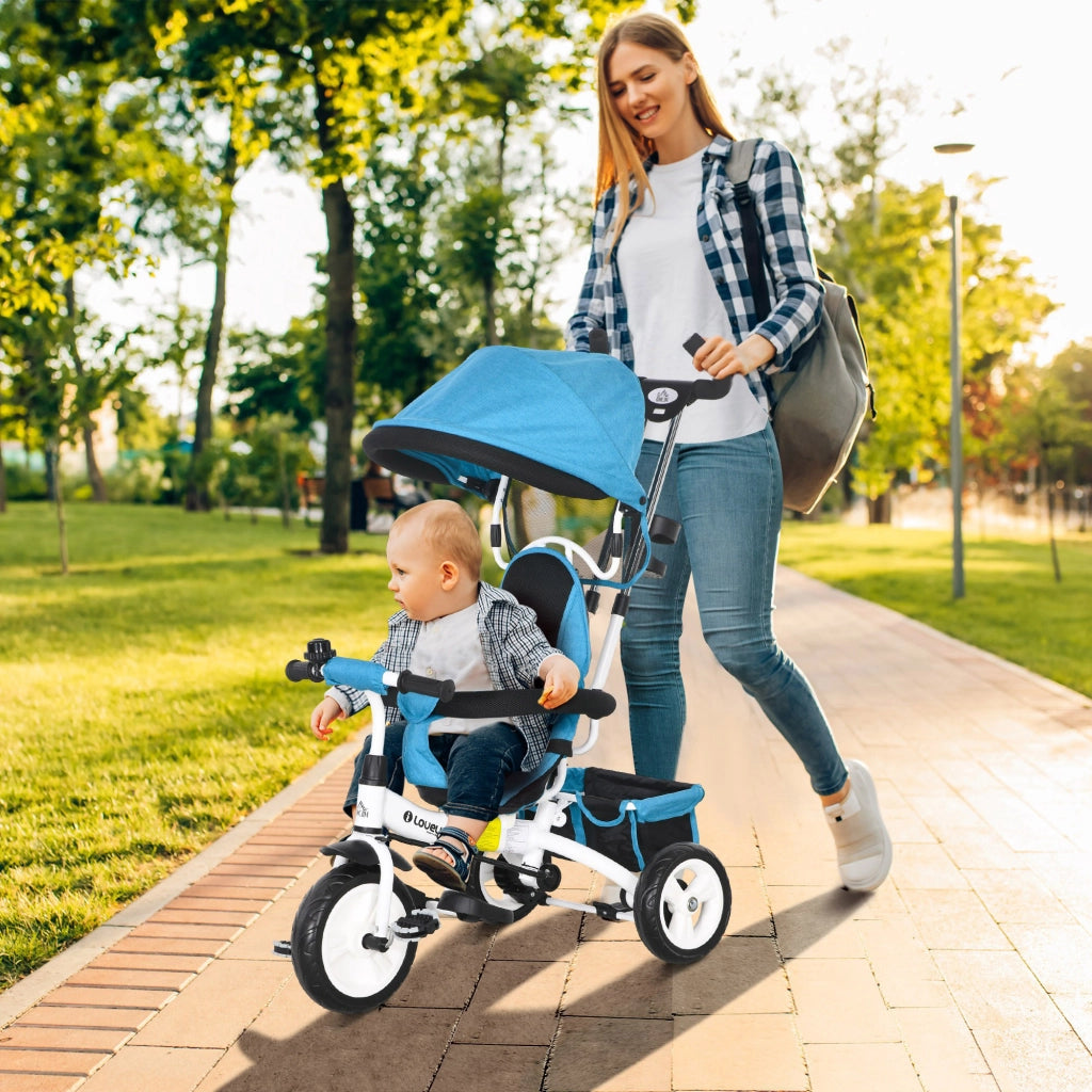 Triciclo Passeggino per Bambini con Maniglione 95x50x106 cm con Cintura di Sicurezza Blu